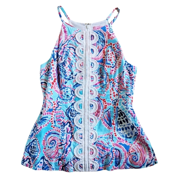 Lilly Pulitzer ANNABELLE Halter Top SHELL ME ABOUT IT Multi Blue White Lace 2 - Picture 1 of 8